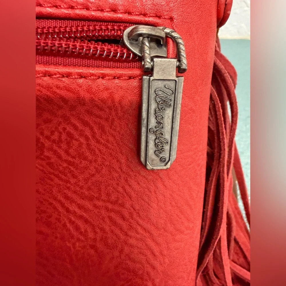 Wrangler Leather Fringe Denim Red Crossbody Bag - Picture 12 of 15